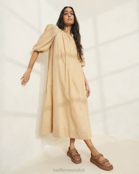 Clothes X82V175 Brown Stripe Women Loeffler Randall Mimi Stripe Oversized Puff-Sleeve Dress