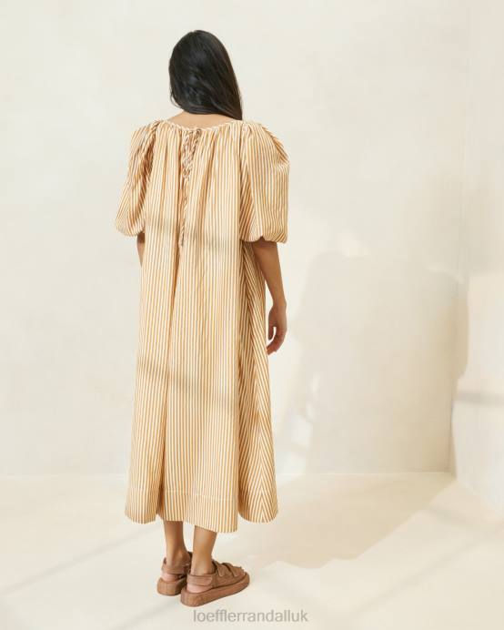 Clothes X82V175 Brown Stripe Women Loeffler Randall Mimi Stripe Oversized Puff-Sleeve Dress