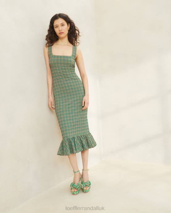 Clothes X82V188 Green/Butterscotch Plaid Women Loeffler Randall Yessica Ruffle-Hem Tank Dress