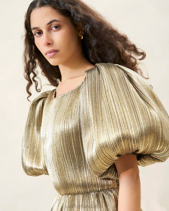 Clothes X82V194 Dark Gold Women Loeffler Randall Dorit Puff-Sleeve Pleated Dress