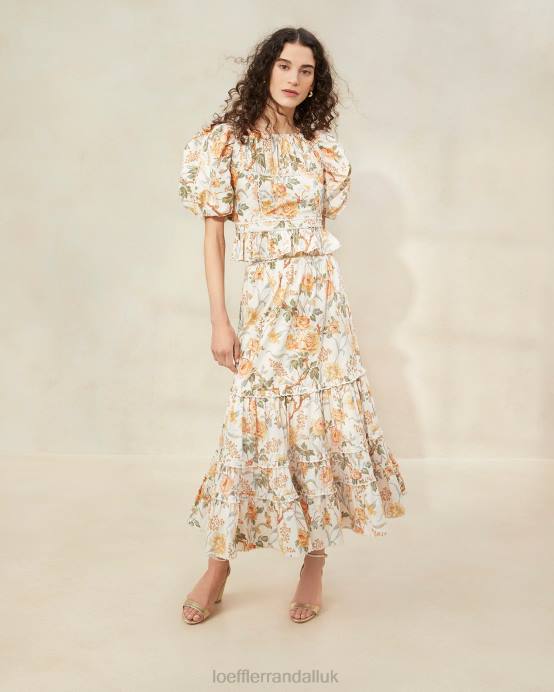 Clothes X82V224 Cream Botanical Floral Women Loeffler Randall Ellie Scalloped Midi Skirt
