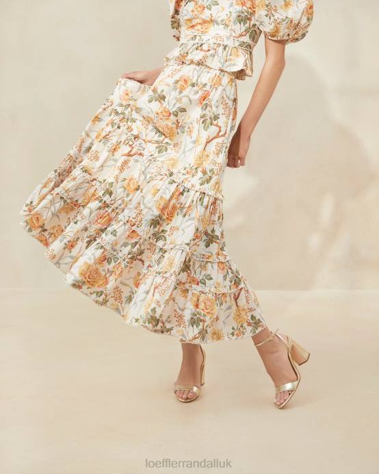 Clothes X82V224 Cream Botanical Floral Women Loeffler Randall Ellie Scalloped Midi Skirt