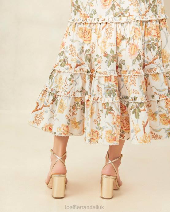 Clothes X82V224 Cream Botanical Floral Women Loeffler Randall Ellie Scalloped Midi Skirt