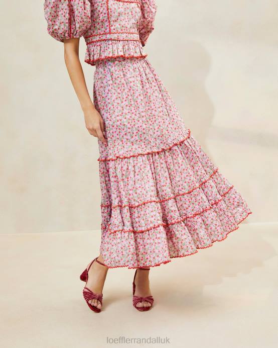 Clothes X82V225 Strawberry Print Women Loeffler Randall Ellie Strawberry Scalloped-Hem Midi Skirt
