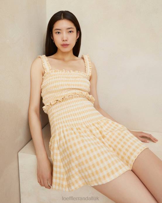 Clothes X82V253 Tan Gingham Women Loeffler Randall Siena Smocked Skirt