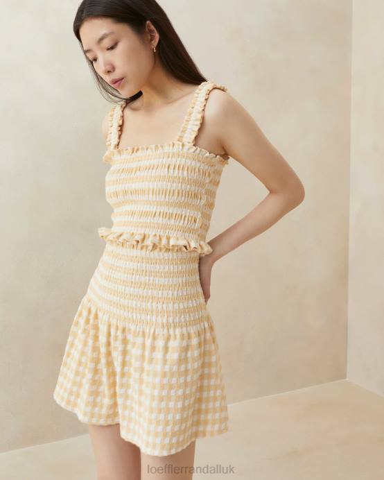 Clothes X82V253 Tan Gingham Women Loeffler Randall Siena Smocked Skirt