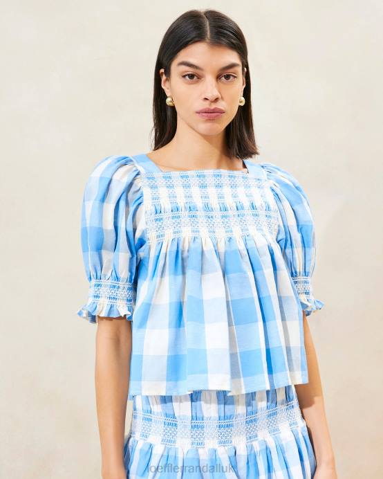 Clothes X82V199 Blue Gingham Women Loeffler Randall Lydie Smocked Top