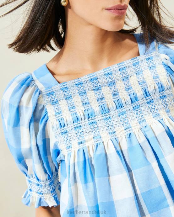 Clothes X82V199 Blue Gingham Women Loeffler Randall Lydie Smocked Top