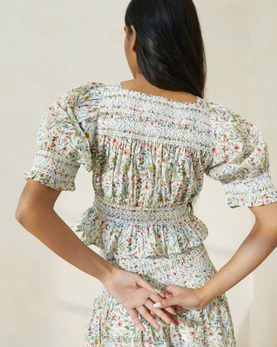 Clothes X82V200 Cream/Clover/Poppy Multi Floral Women Loeffler Randall Nicola Puff-Sleeve Cinched Blouse
