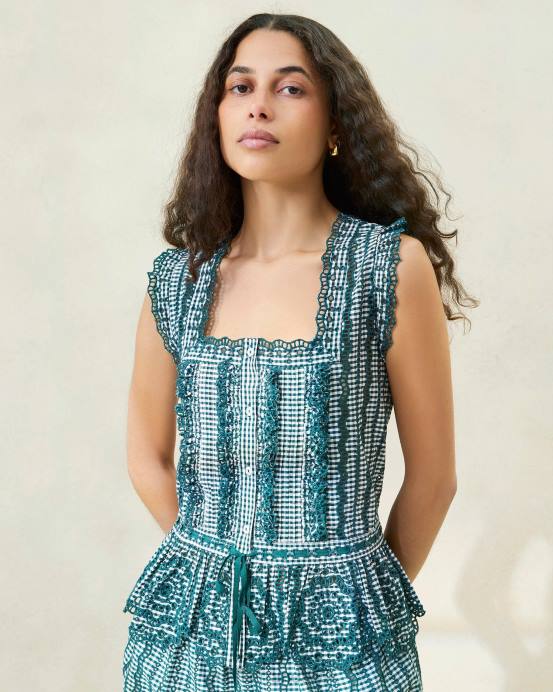 Clothes X82V204 Mini Green Gingham Women Loeffler Randall Arden Scalloped Blouse
