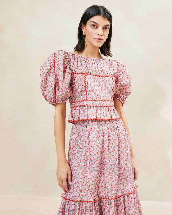 Clothes X82V205 Strawberry Print Women Loeffler Randall Anna Strawberry Puff-Sleeve Peplum Top
