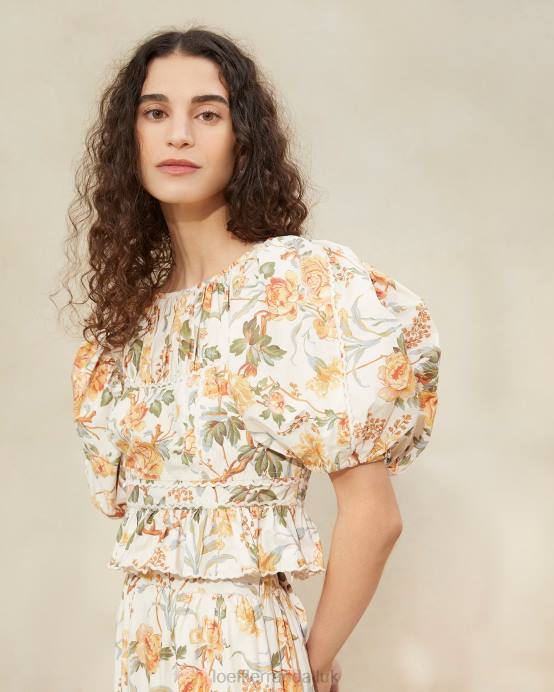 Clothes X82V206 Cream Botanical Floral Women Loeffler Randall Anna Puff-Sleeve Peplum Top