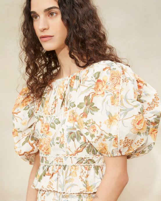 Clothes X82V206 Cream Botanical Floral Women Loeffler Randall Anna Puff-Sleeve Peplum Top