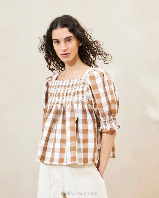 Clothes X82V210 Brown Gingham Women Loeffler Randall Lydie Smocked Top