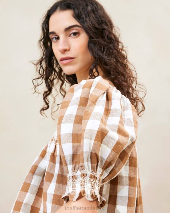 Clothes X82V210 Brown Gingham Women Loeffler Randall Lydie Smocked Top