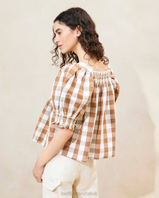 Clothes X82V210 Brown Gingham Women Loeffler Randall Lydie Smocked Top