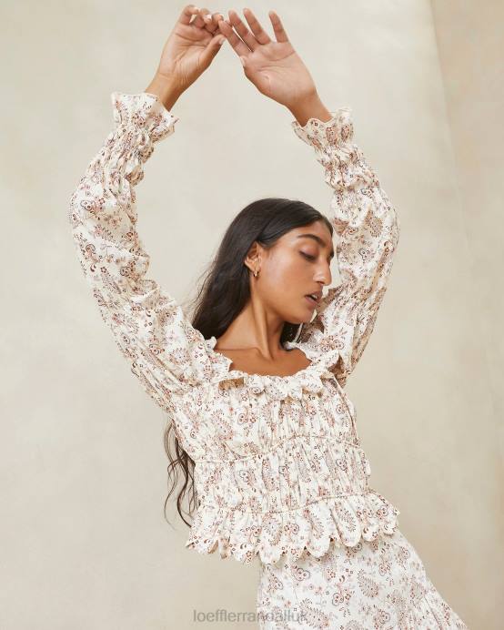 Clothes X82V239 Cream Paisley Floral Women Loeffler Randall Misha Paisley Wavy Ruffle Top